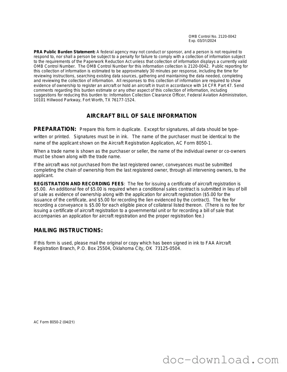 Fill Out Your Aircraft Bill of Sale AC 8050-2 Template