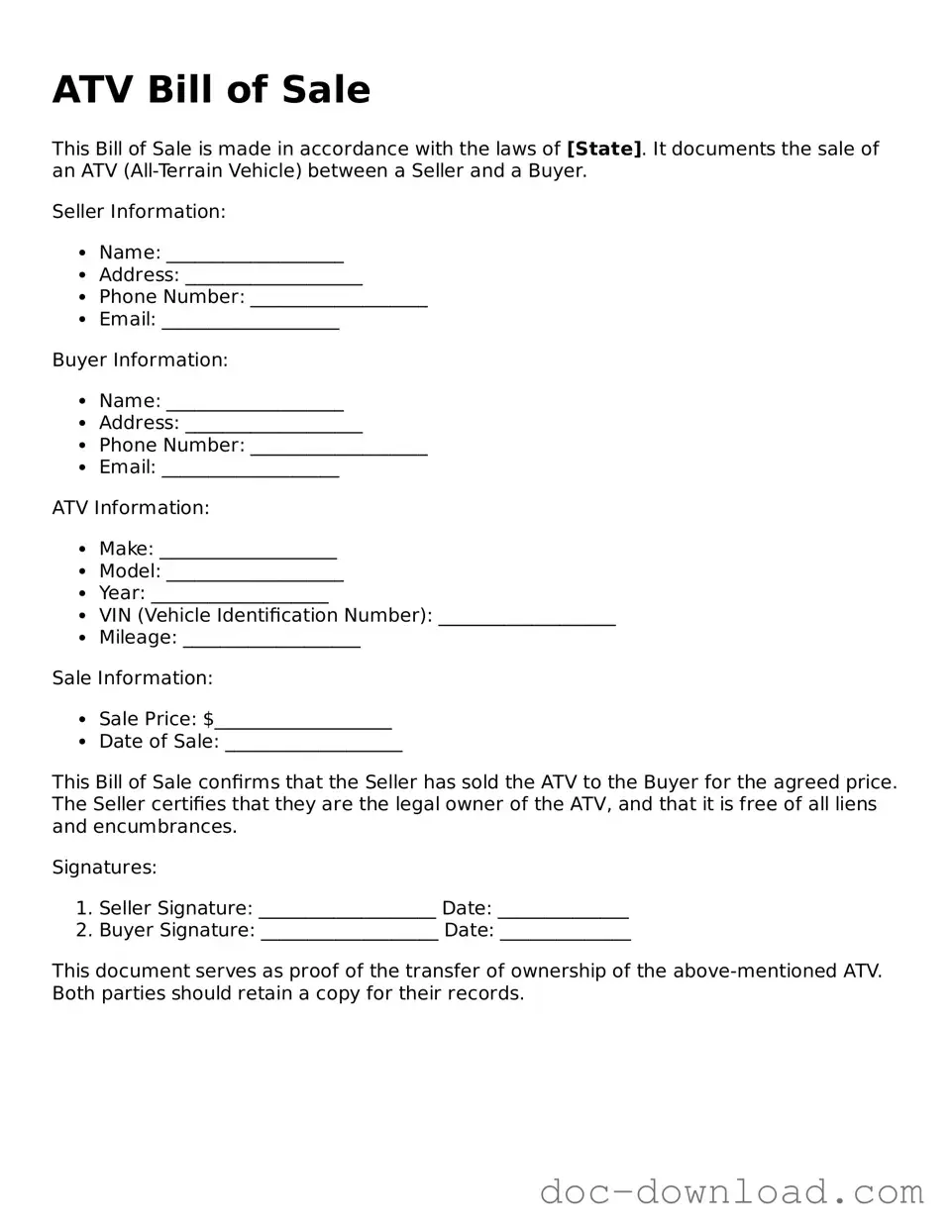 Printable ATV Bill of Sale Template