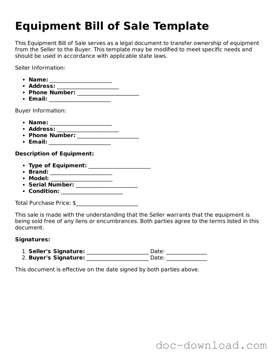 Printable Equipment Bill of Sale Template