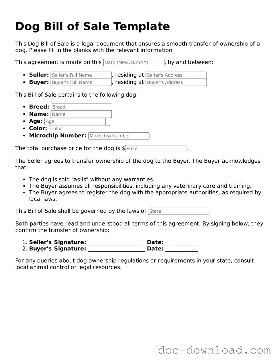 Printable Dog Bill of Sale Template