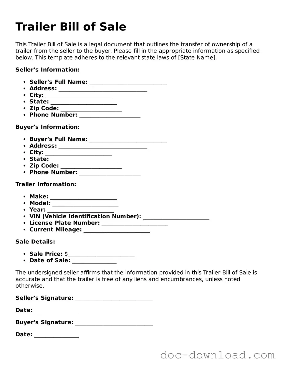 Printable Trailer Bill of Sale Template
