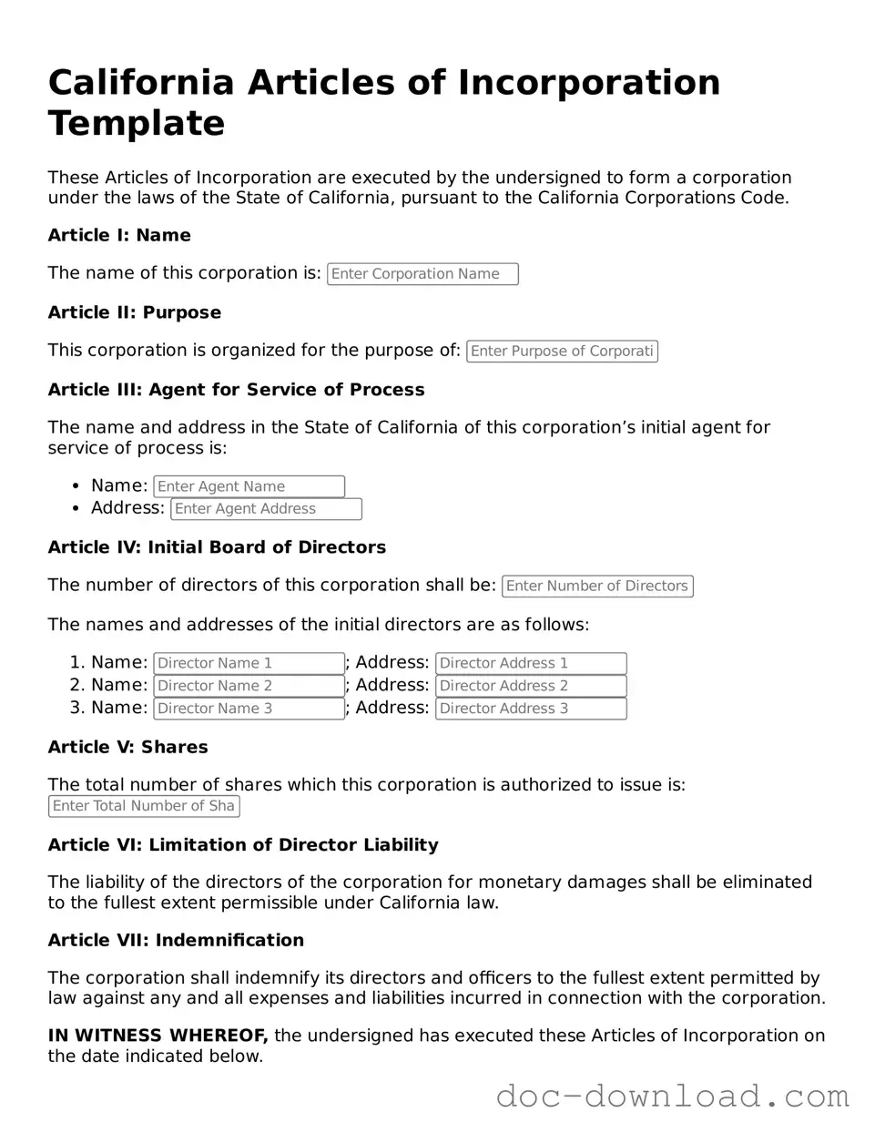 Blank Articles of Incorporation Document for California