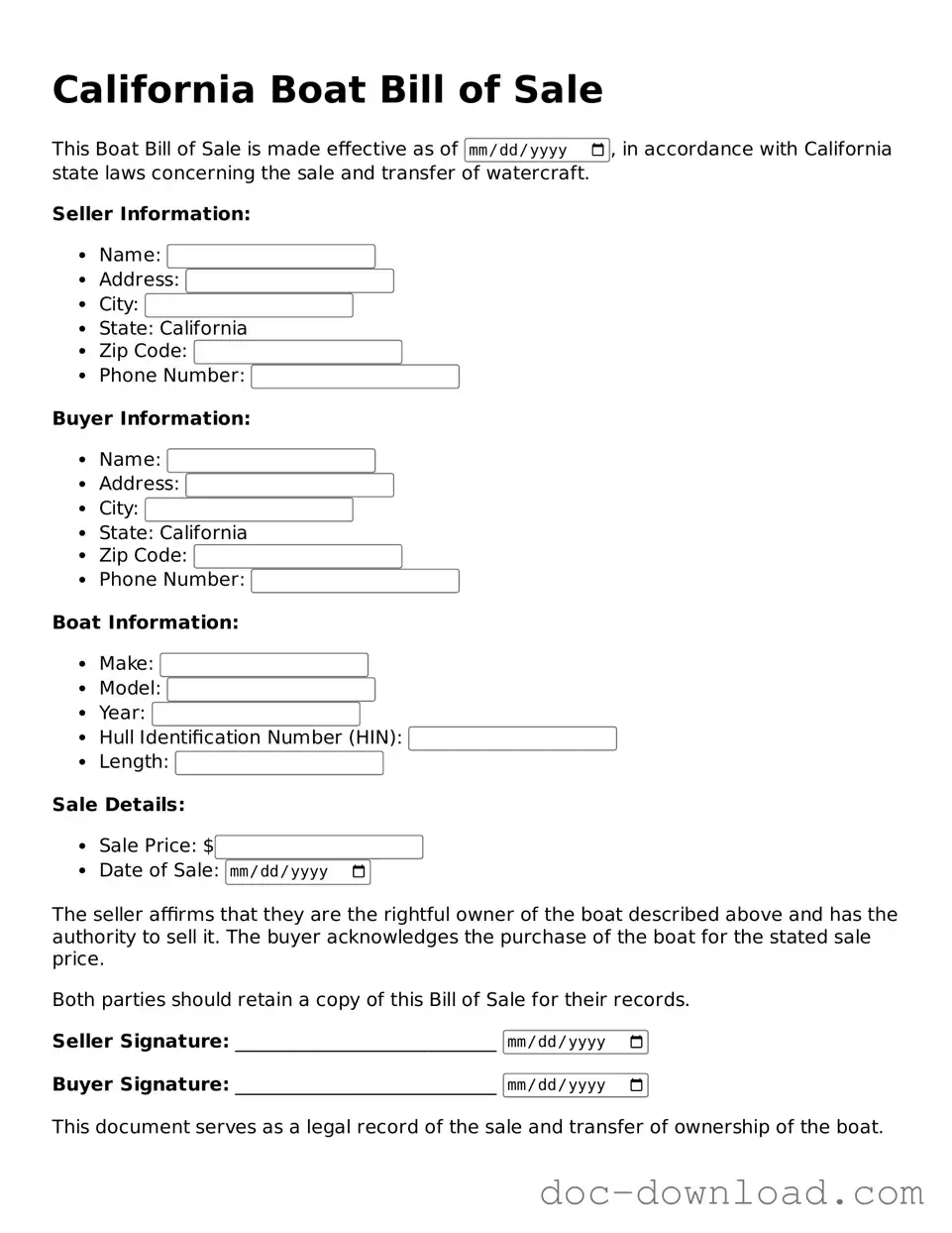 Blank  Boat Bill of Sale Document for California