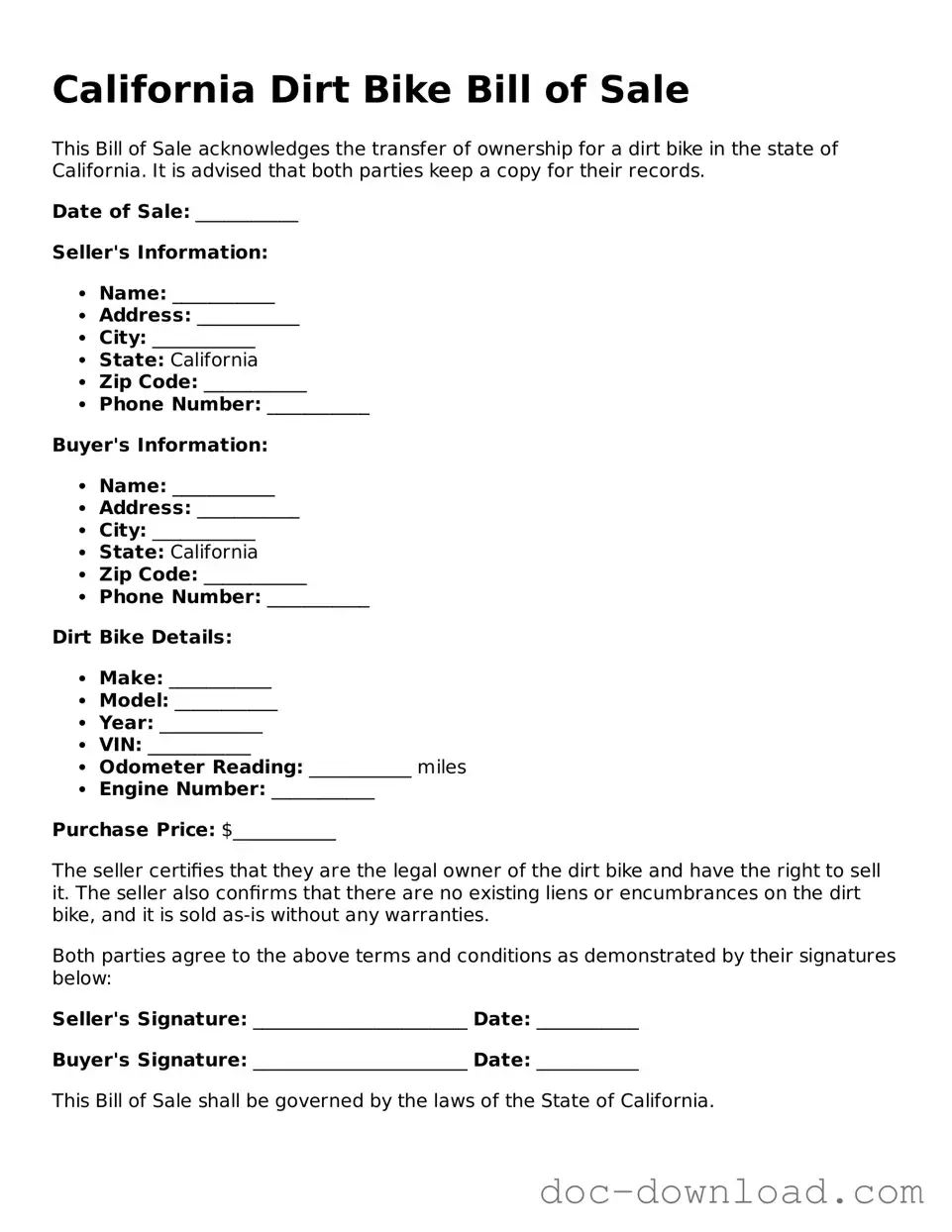 Blank  Dirt Bike Bill of Sale Document for California