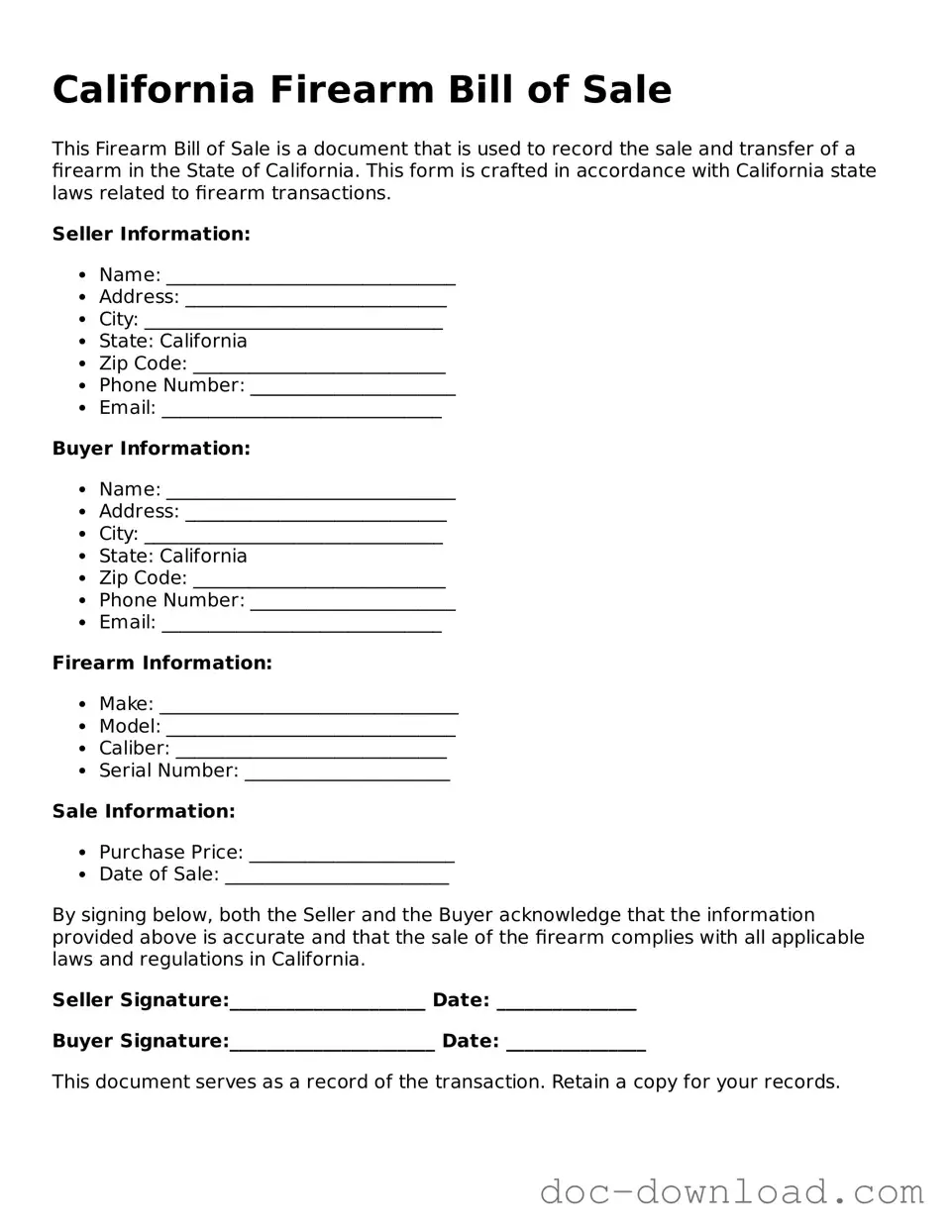 Blank  Firearm Bill of Sale Document for California