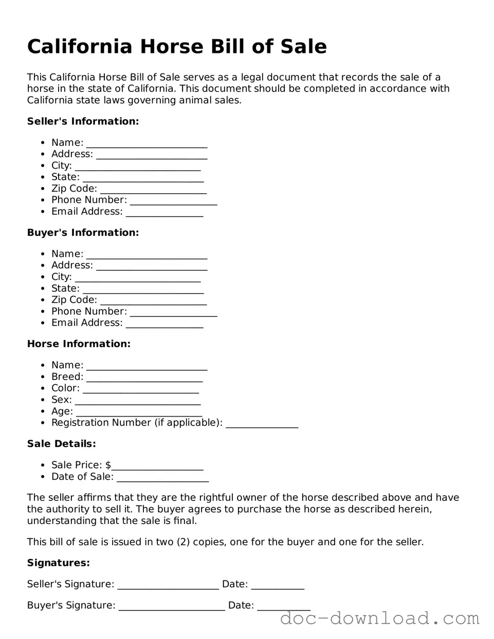 Blank  Horse Bill of Sale Document for California