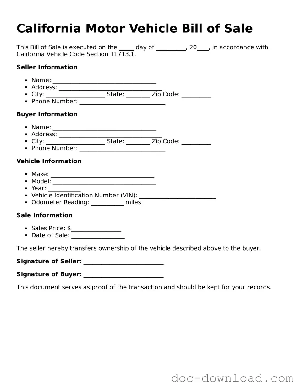 Blank  Motor Vehicle Bill of Sale Document for California