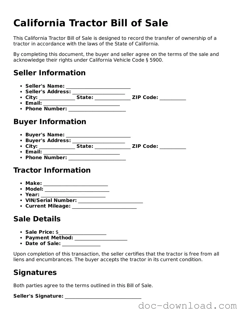 Blank  Tractor Bill of Sale Document for California