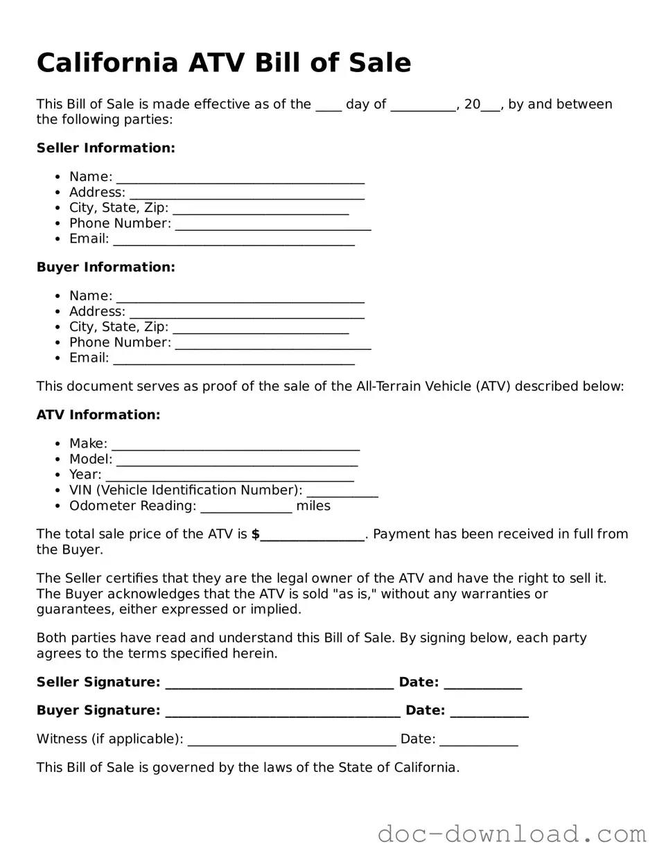 Blank  ATV Bill of Sale Document for California