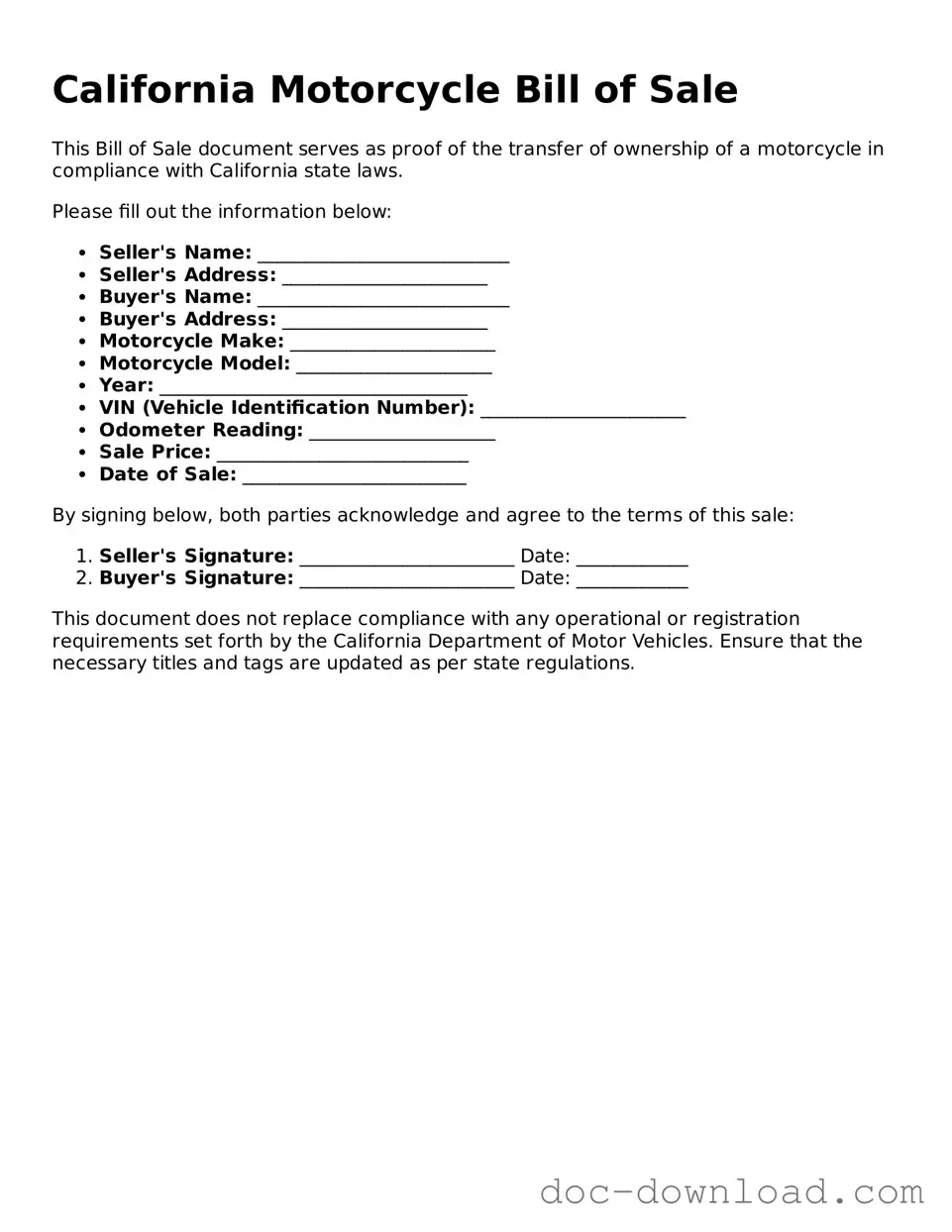 Blank  Motorcycle Bill of Sale Document for California
