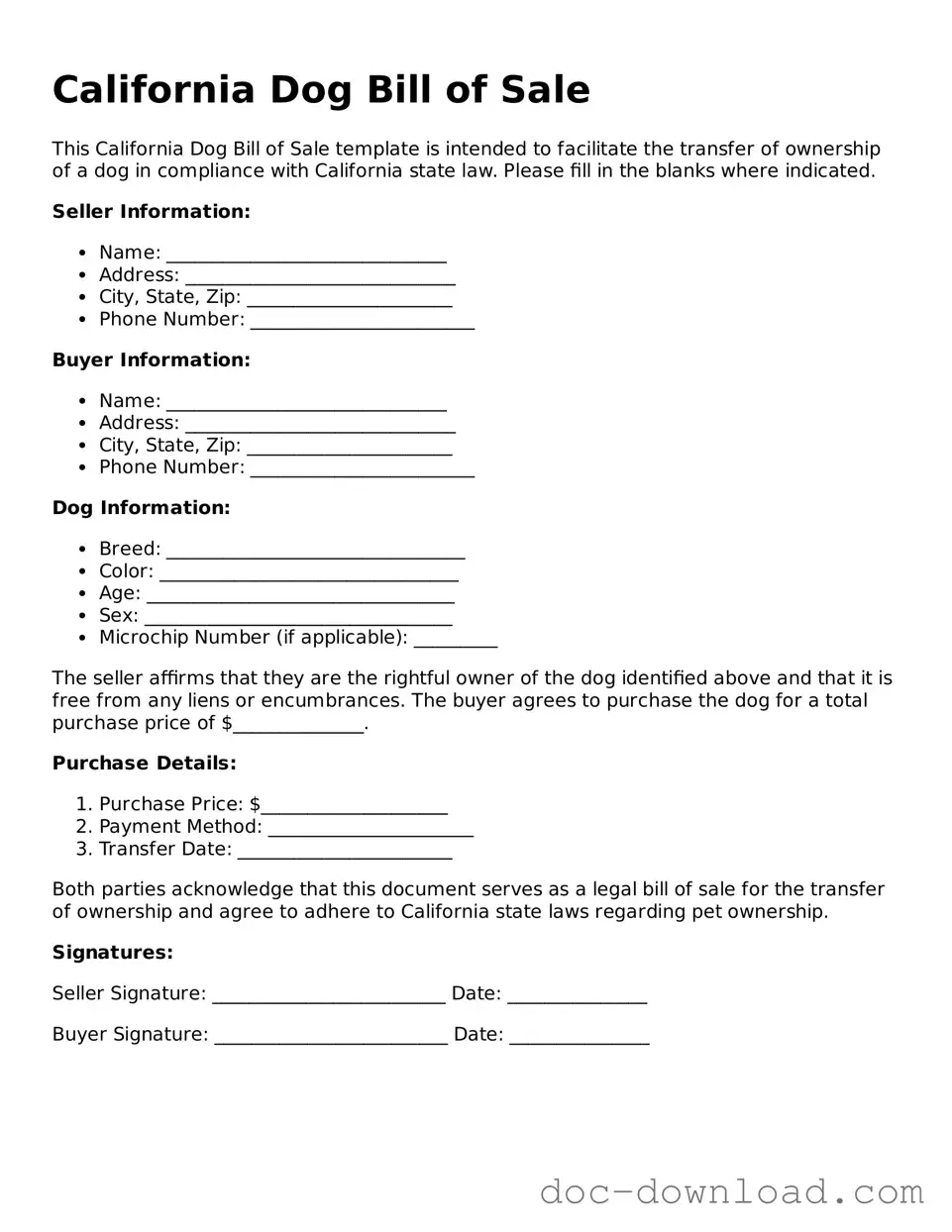Blank  Dog Bill of Sale Document for California
