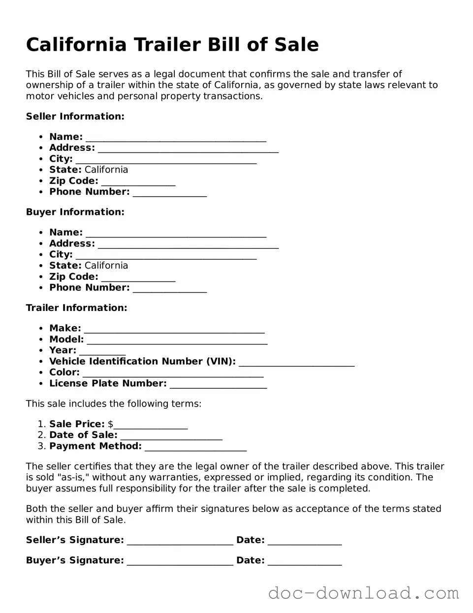 Blank  Trailer Bill of Sale Document for California
