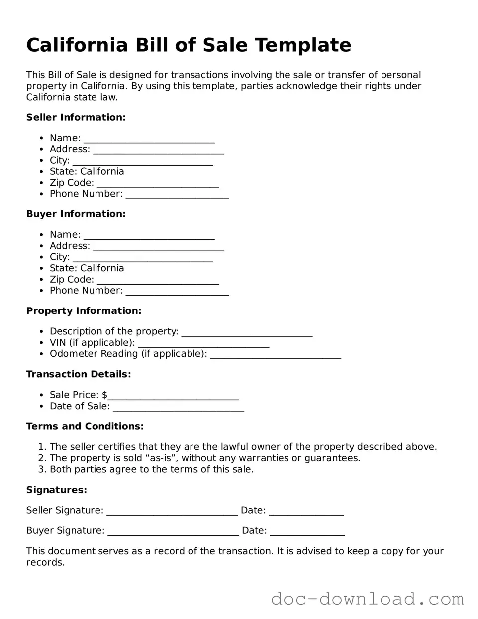 Blank  Bill of Sale Document for California