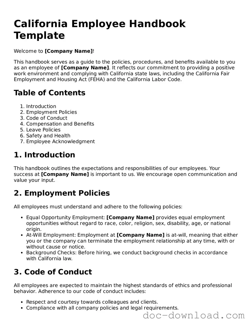 Blank  Employee Handbook Document for California