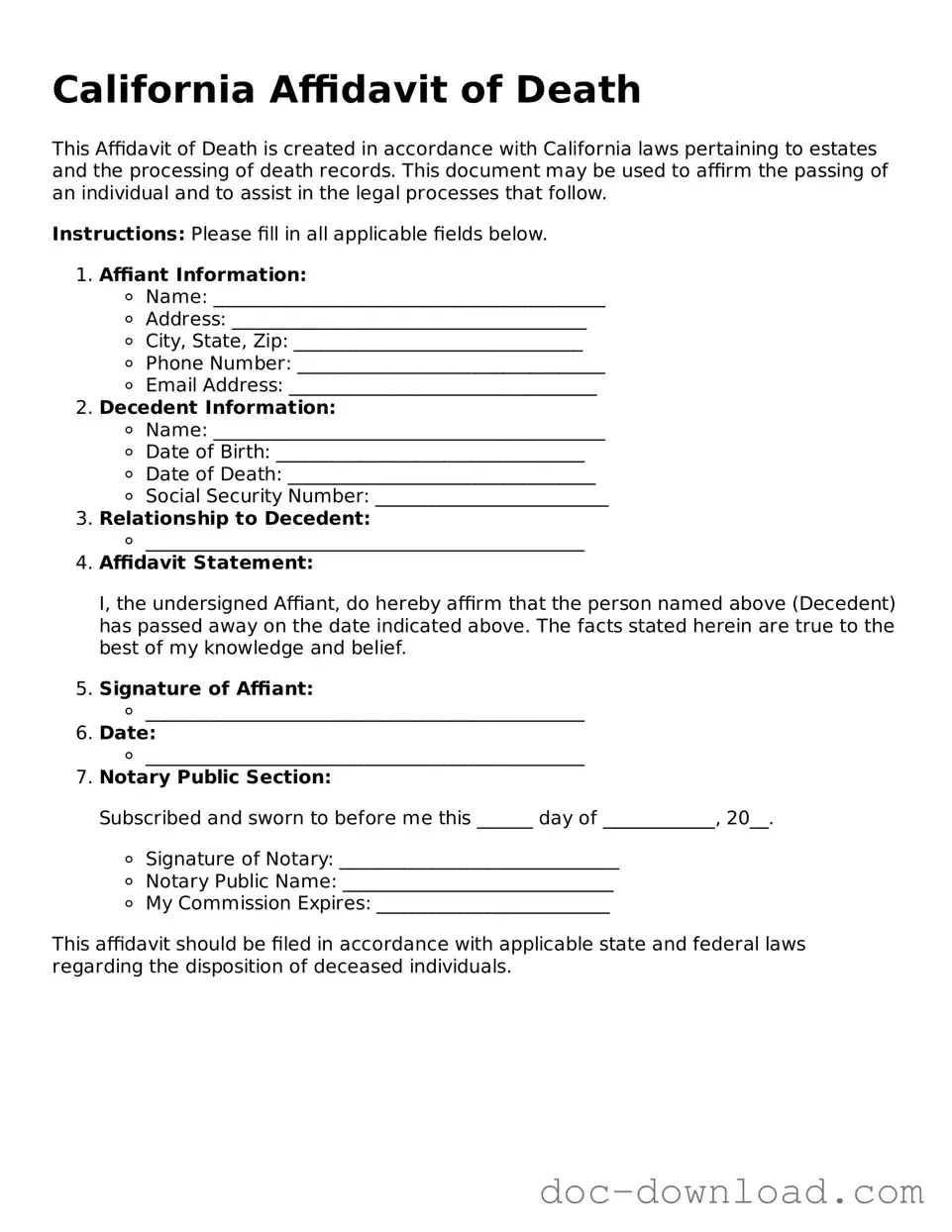 Blank  Affidavit of Death Document for California