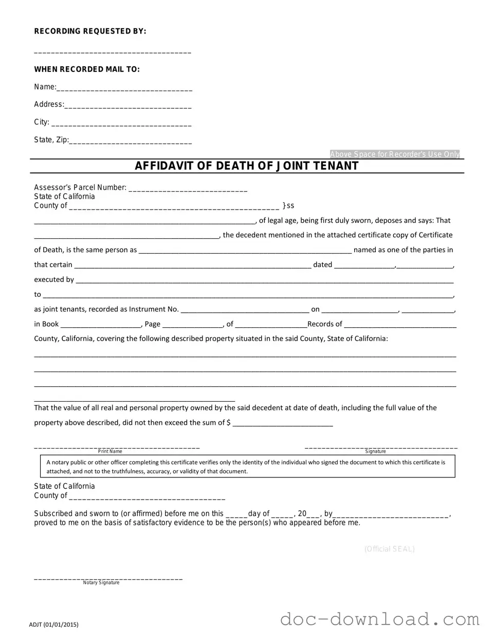 Fill Out Your California Death of a Joint Tenant Affidavit Template