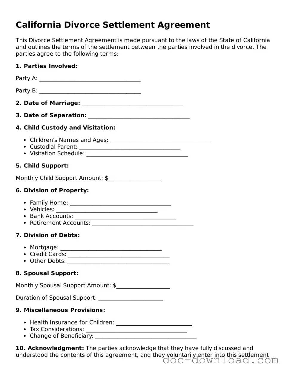 Blank  Divorce Settlement Agreement Document for California