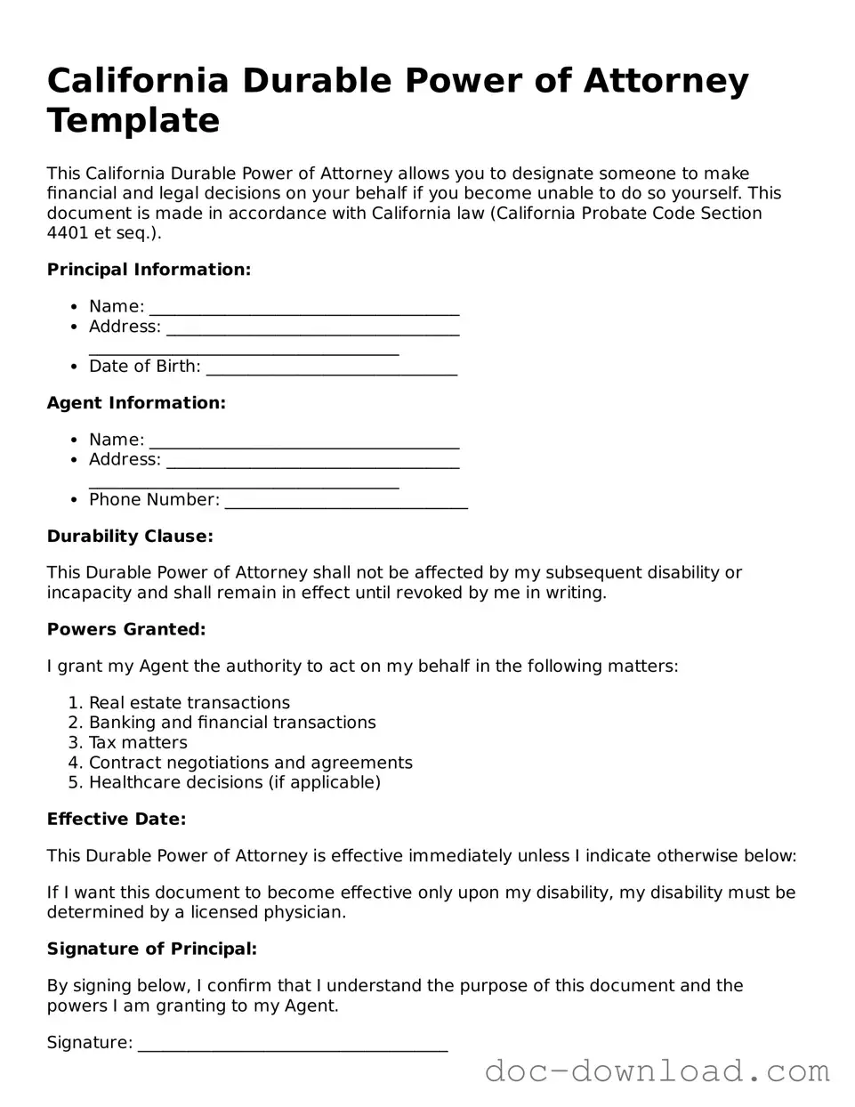Blank  Durable Power of Attorney Document for California