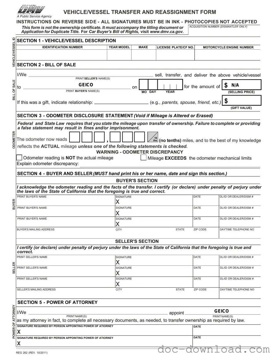 Fill Out Your California Fotm Reg 262 Template