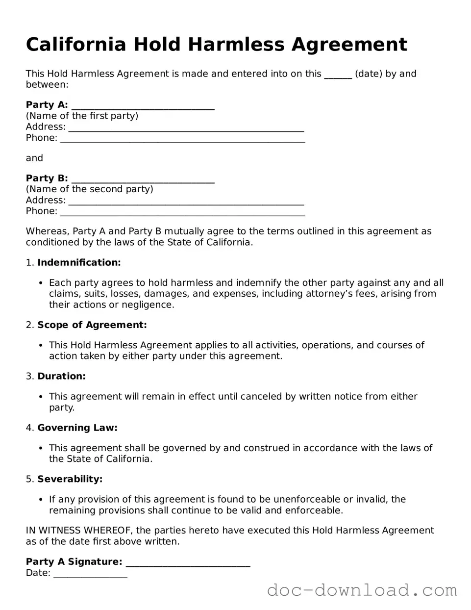 Blank  Hold Harmless Agreement Document for California