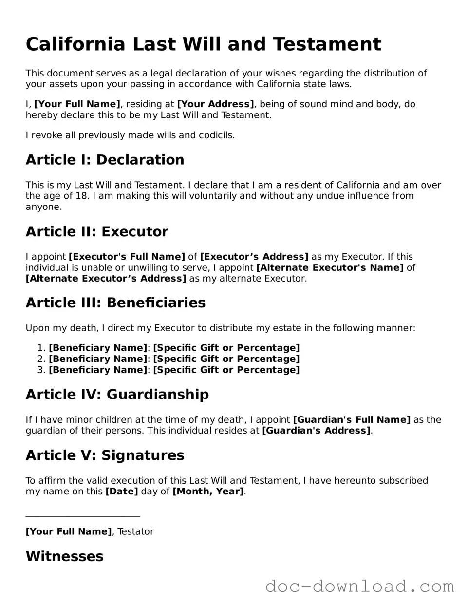 Blank  Last Will and Testament Document for California