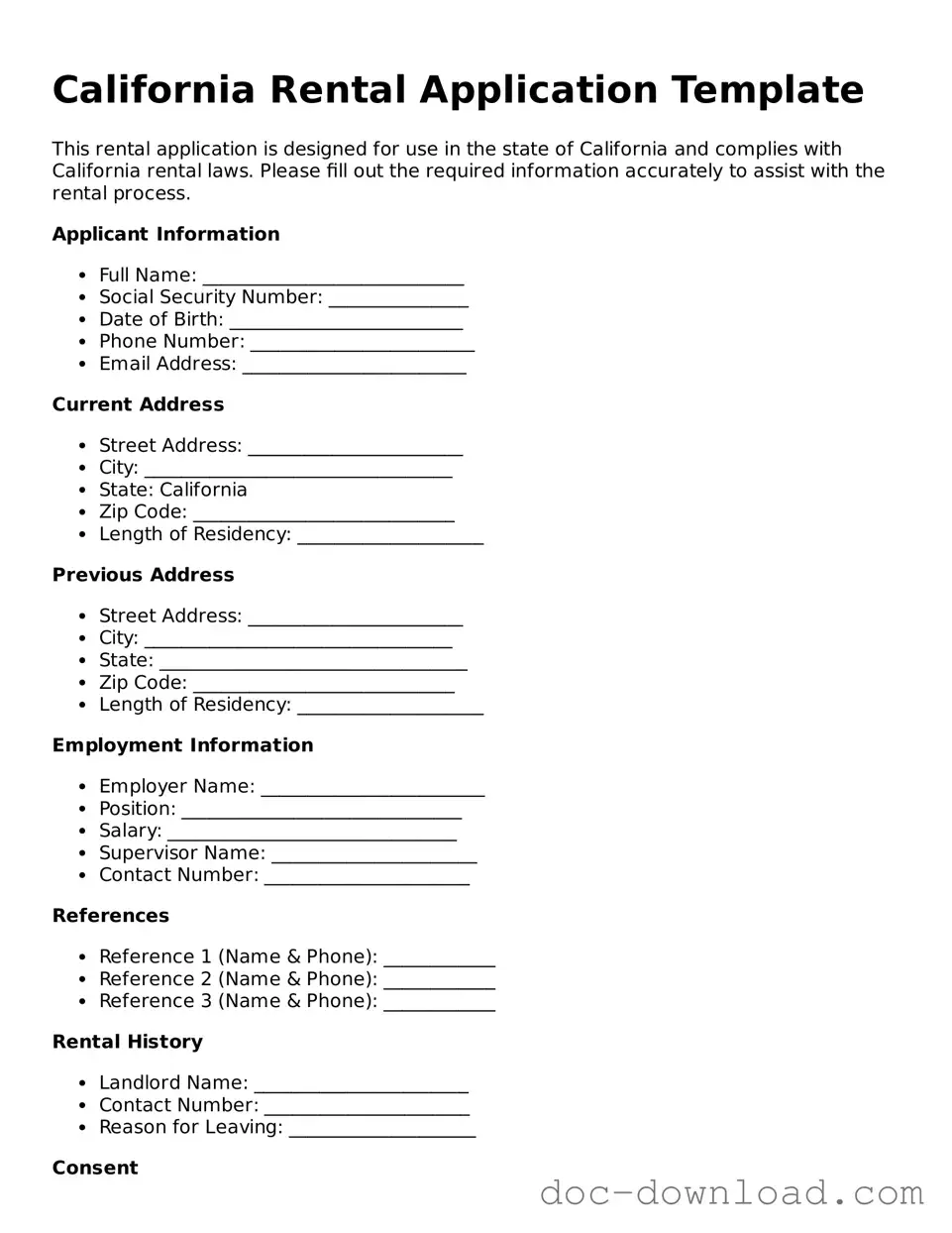 Blank  Rental Application Document for California