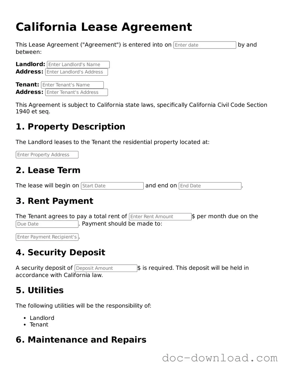 Blank Lease Agreement Document for California