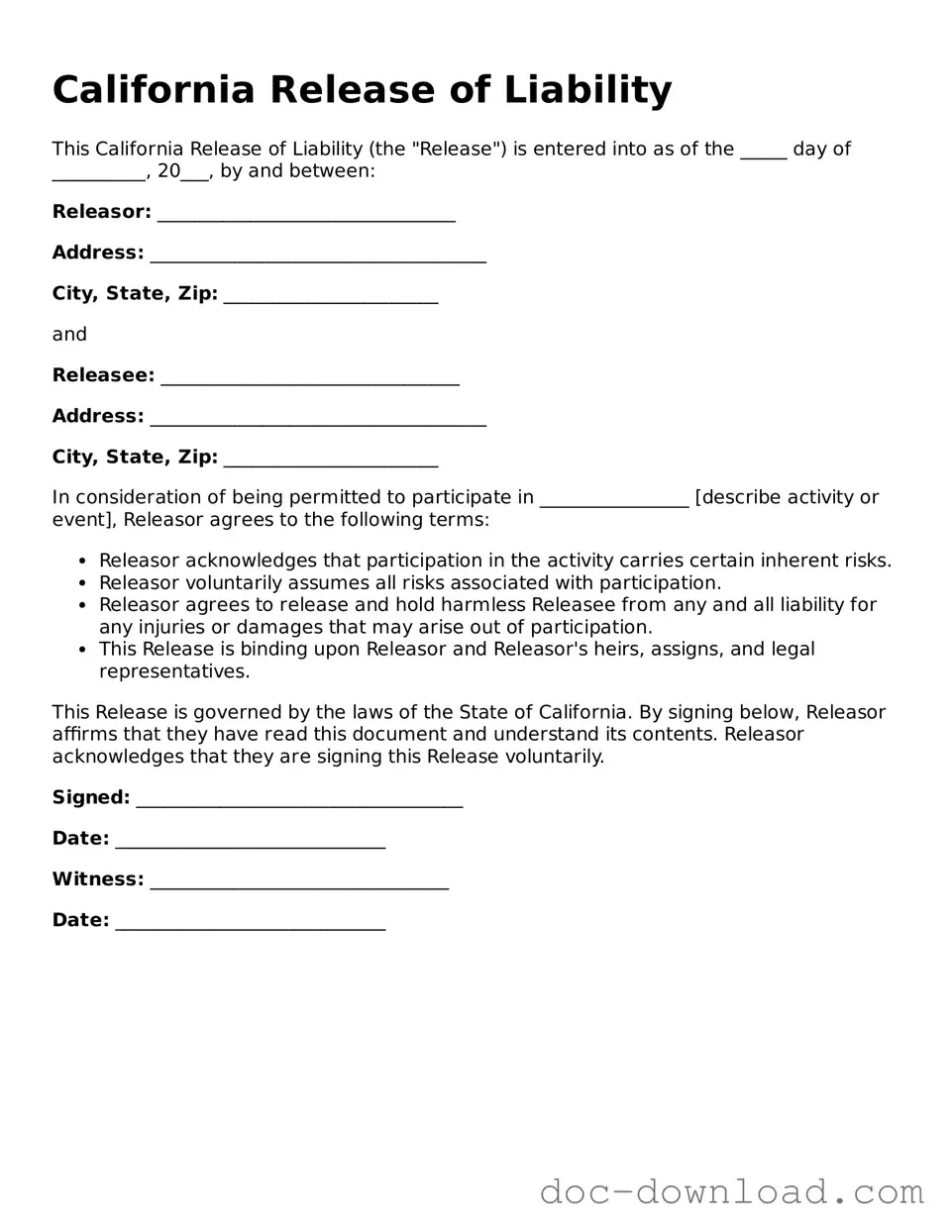 Blank  Release of Liability Document for California