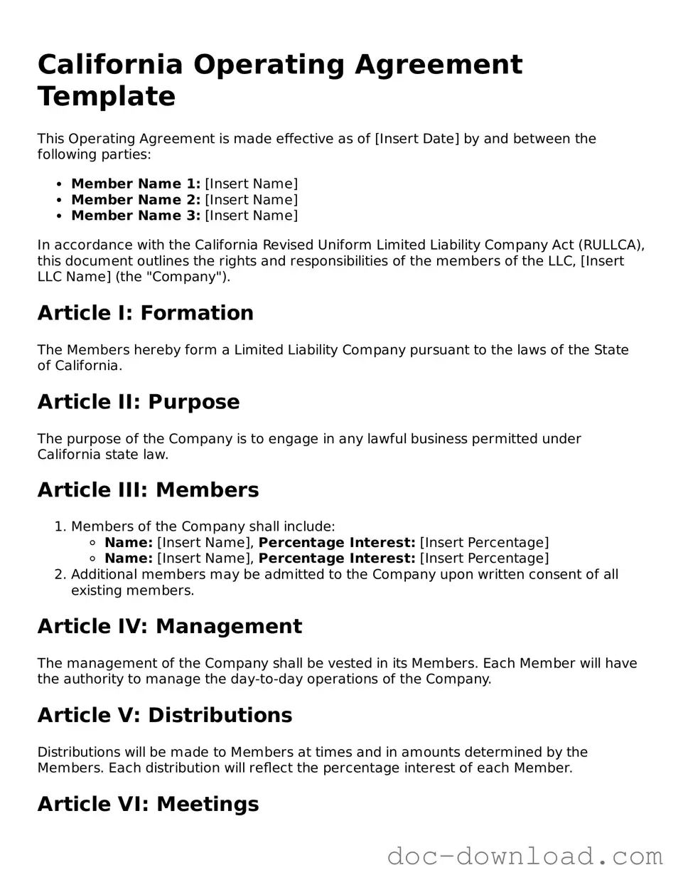 Blank  Operating Agreement Document for California