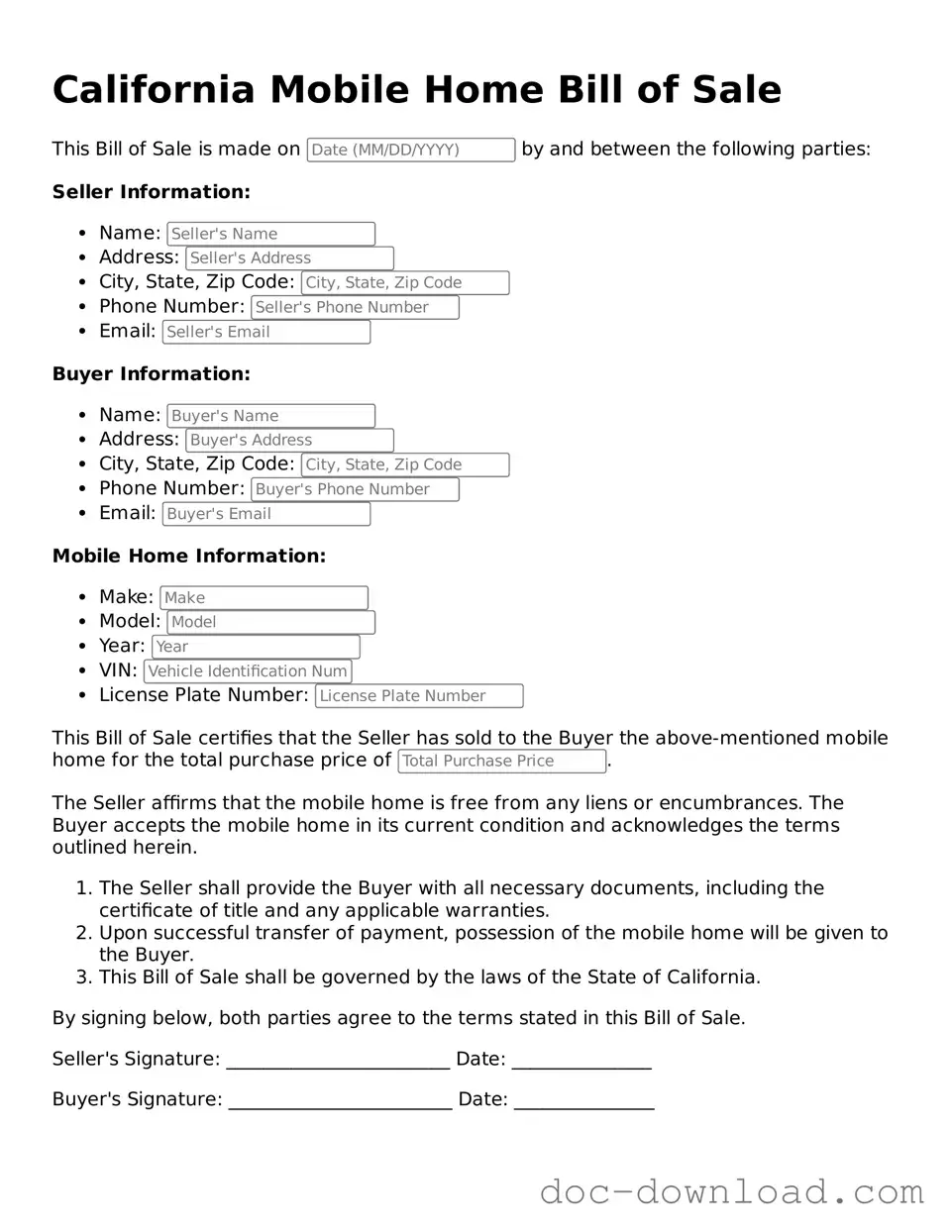 Blank  Mobile Home Bill of Sale Document for California