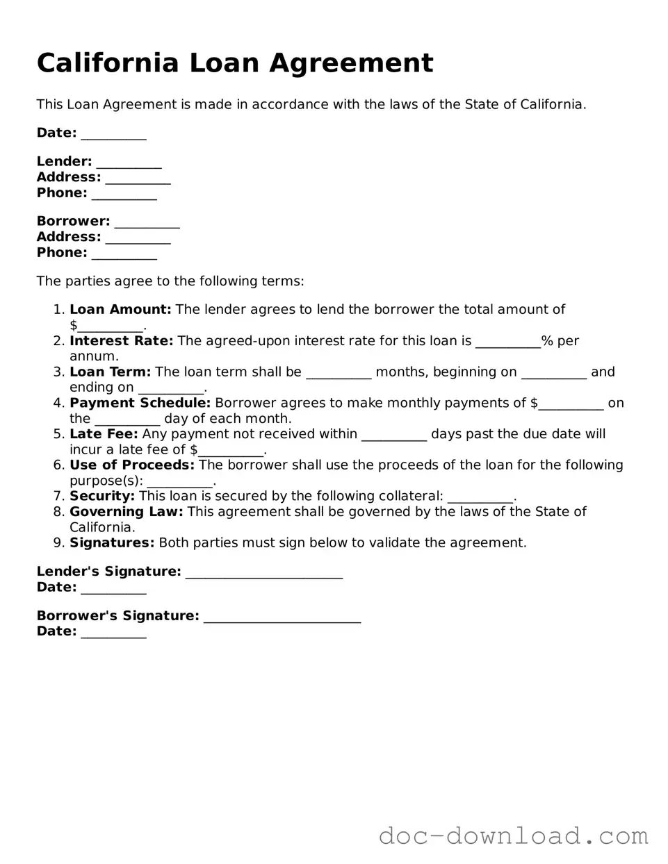 Blank  Loan Agreement Document for California