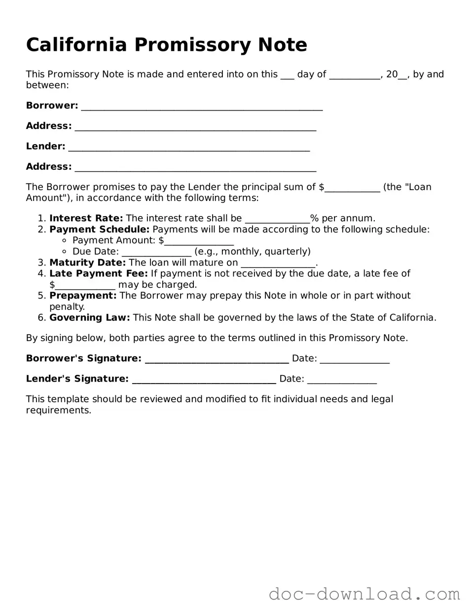 Blank  Promissory Note Document for California