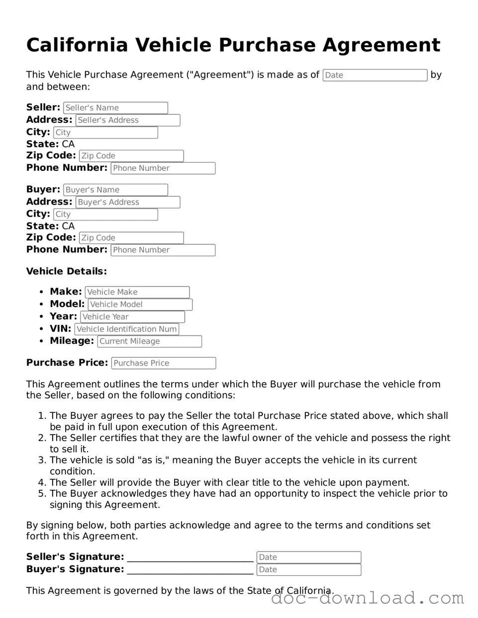 Blank  Vehicle Purchase Agreement Document for California
