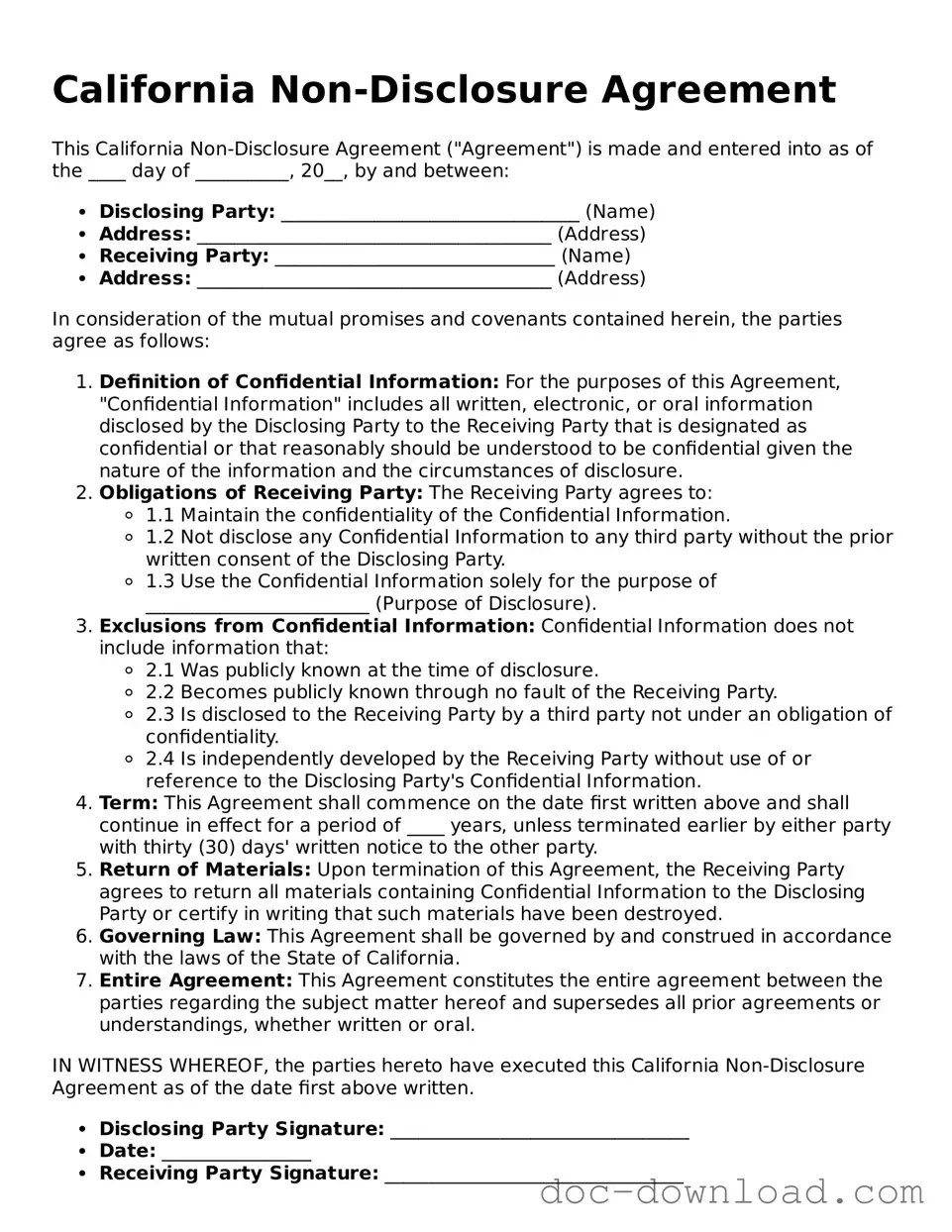 Blank  Non-disclosure Agreement Document for California