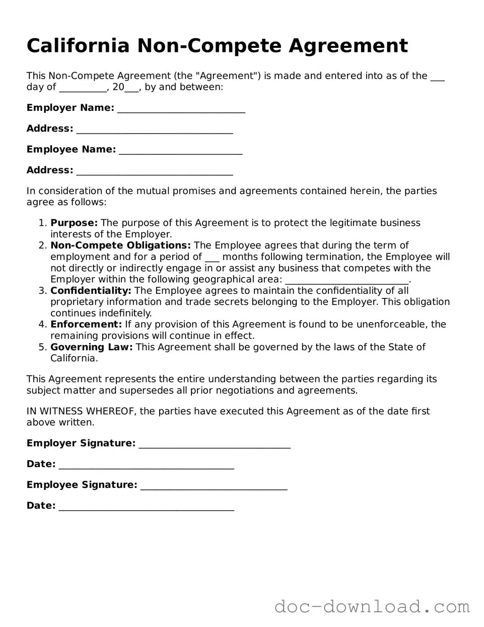 Blank  Non-compete Agreement Document for California