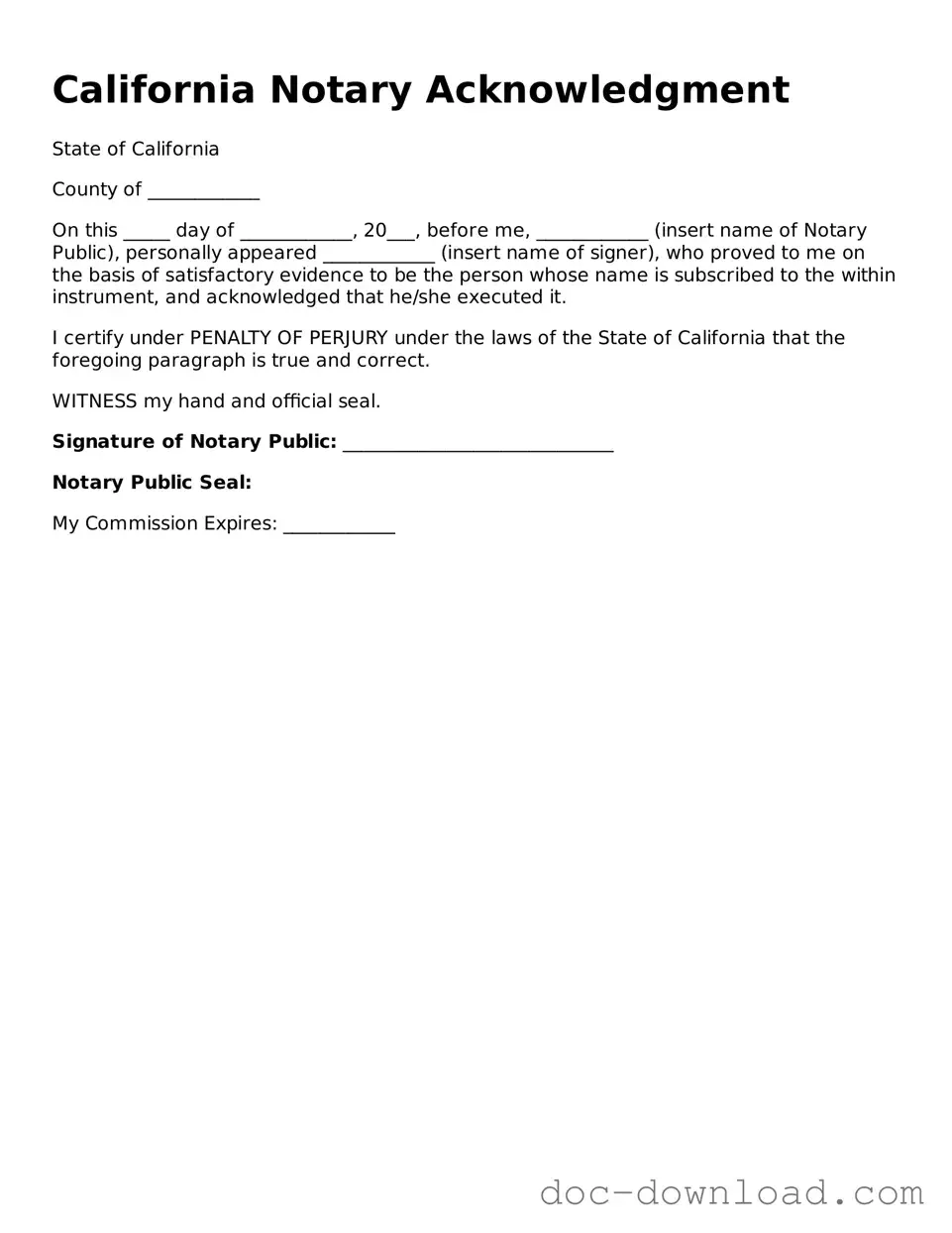 Blank  Notary Acknowledgement Document for California