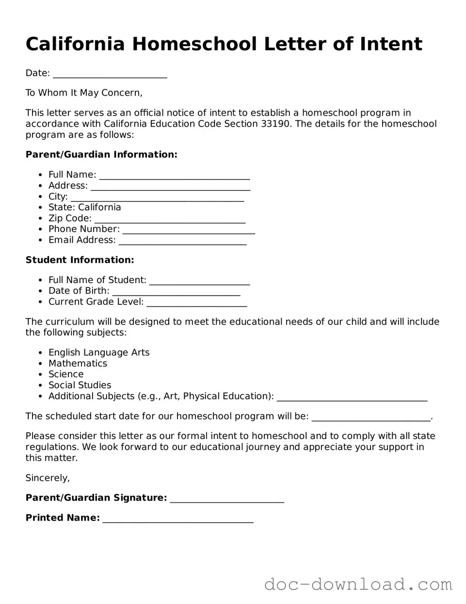 Blank  Homeschool Letter of Intent Document for California