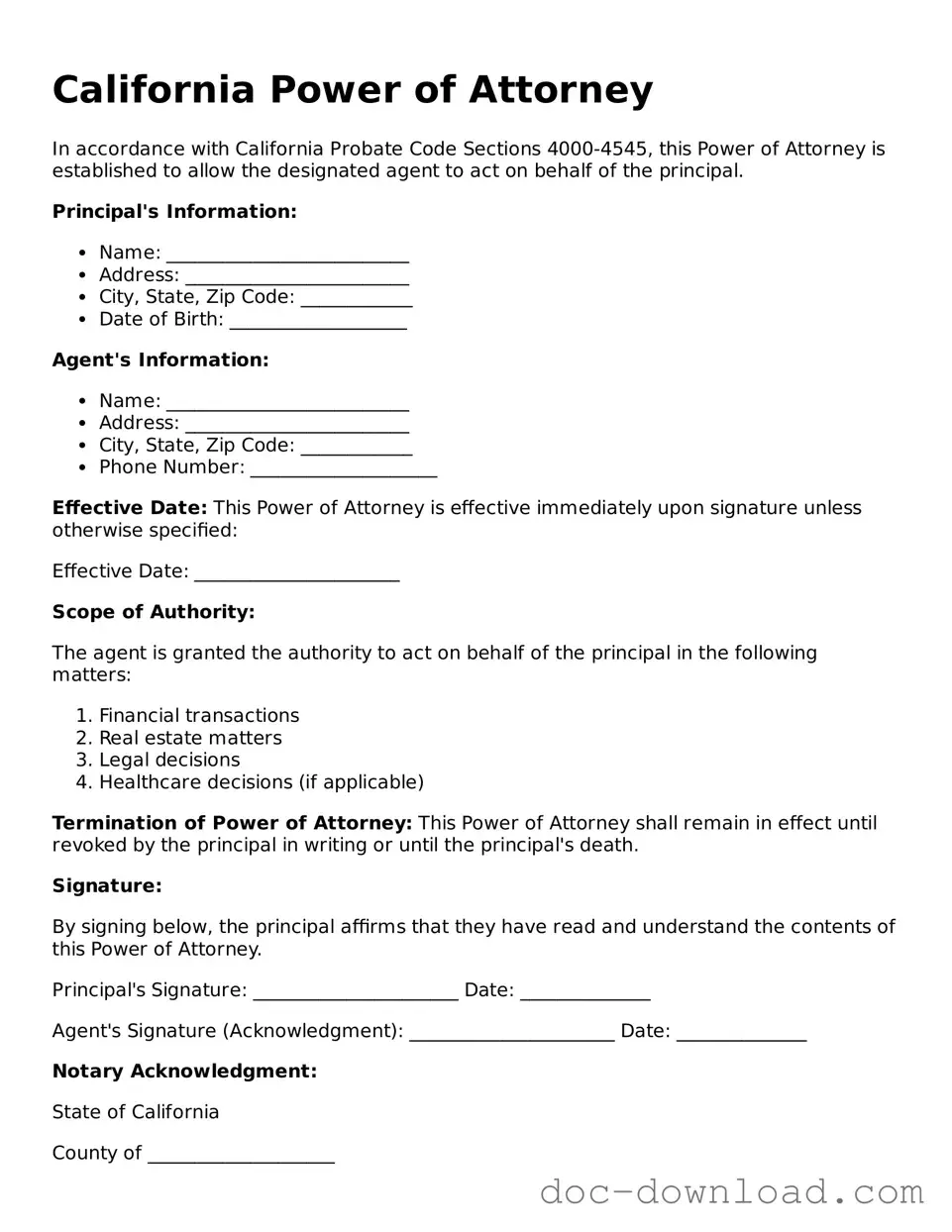 Blank  Power of Attorney Document for California