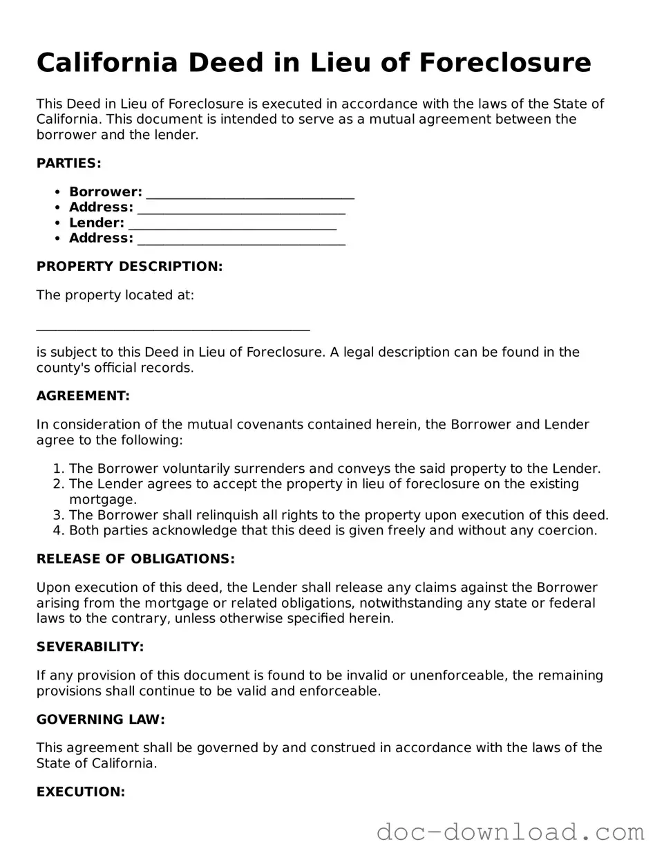 Blank  Deed in Lieu of Foreclosure Document for California