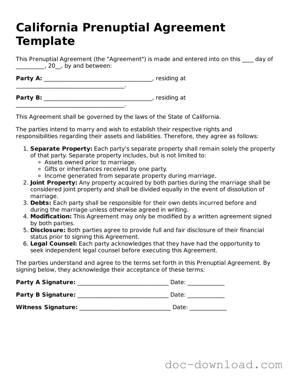 Blank  Prenuptial Agreement Document for California