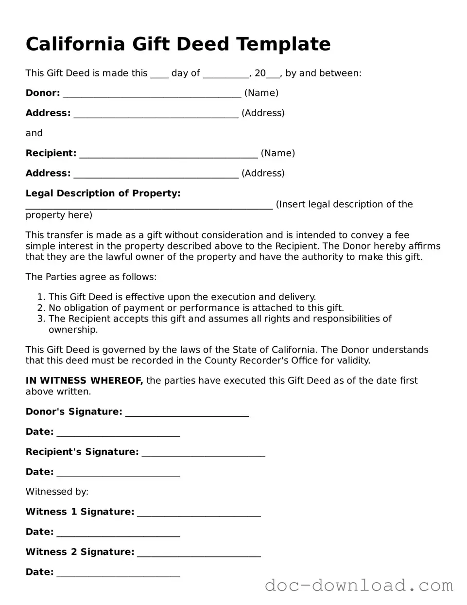 Blank  Gift Deed Document for California