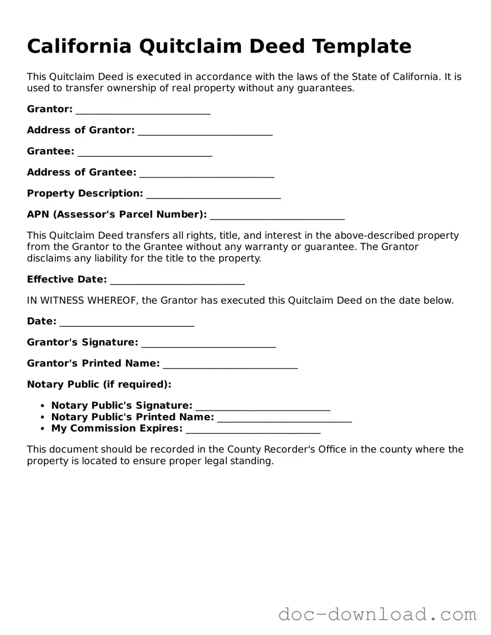Blank  Quitclaim Deed Document for California