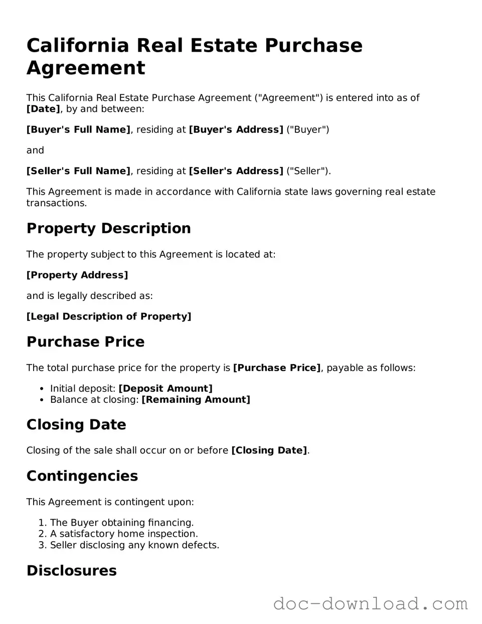 Blank  Real Estate Purchase Agreement Document for California