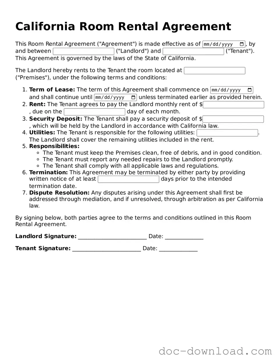 Blank  Room Rental Agreement Document for California
