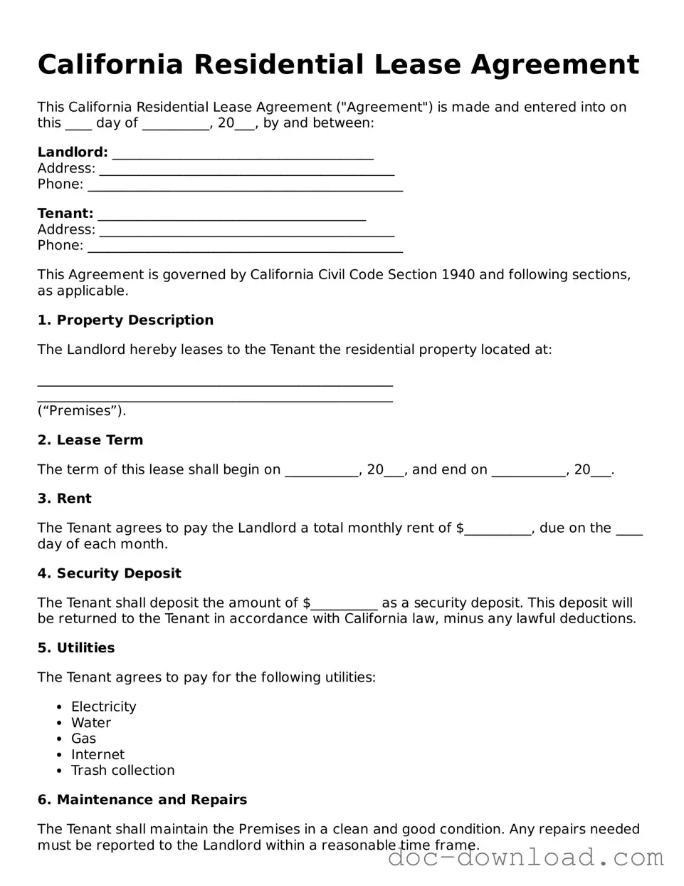Blank  Residential Lease Agreement Document for California