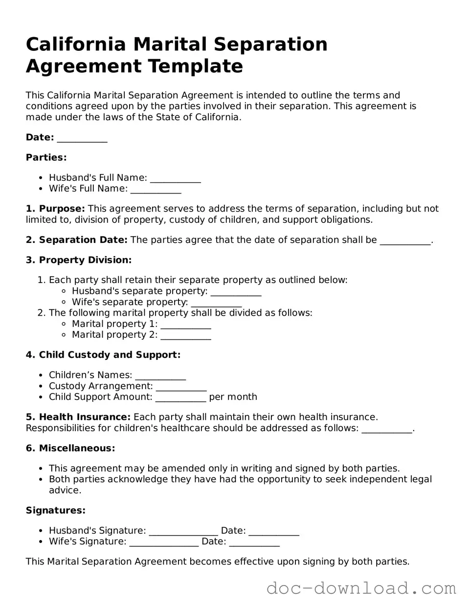 Blank  Marital Separation Agreement Document for California
