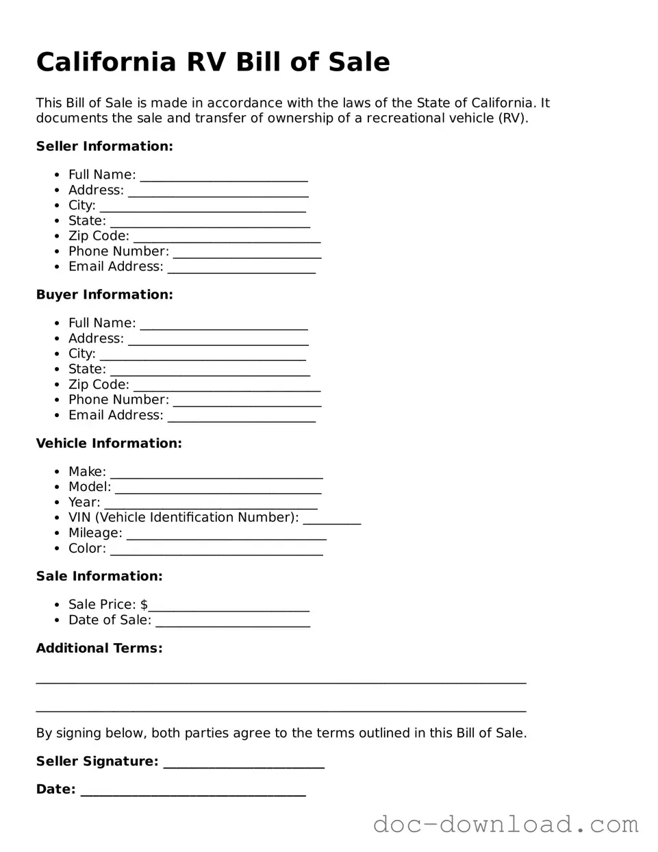 Blank  RV Bill of Sale Document for California