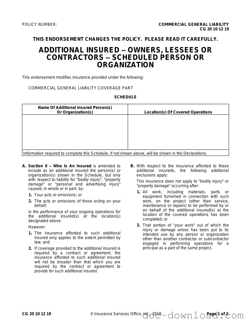 Fill Out Your Cg 20 10 07 04 Liability Endorsement Template