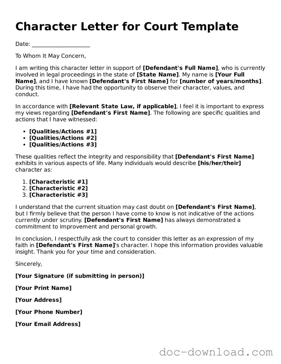 Printable Character Letter for Court Template