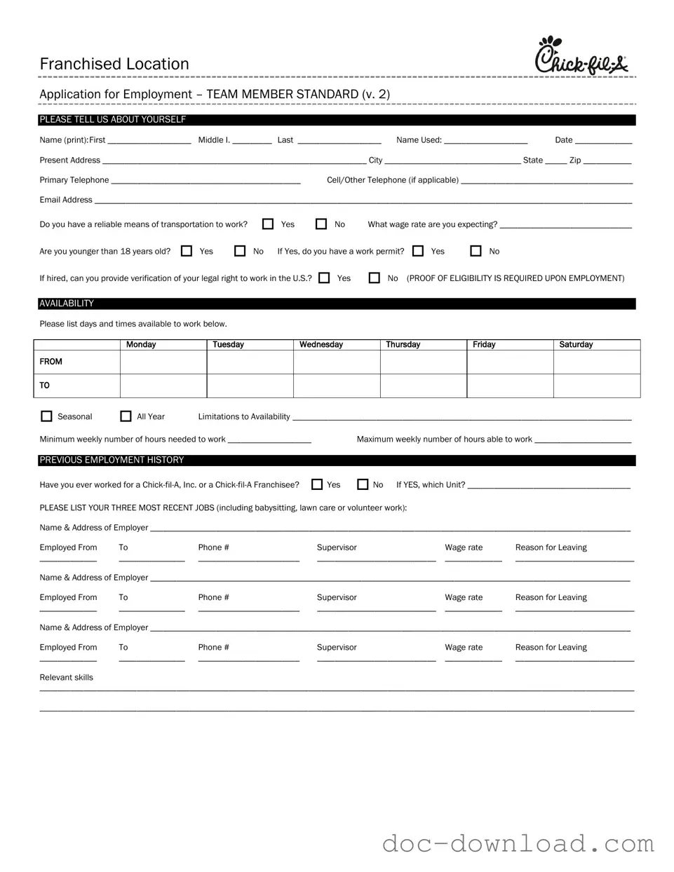 Fill Out Your Chick Fil A Job Application Template